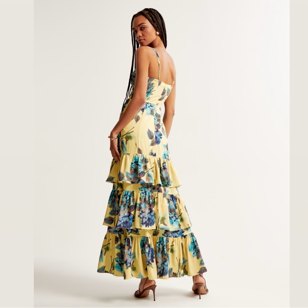 NWT Abercrombie & Fitch Yellow and Blue Ruffled Tiered Maxi Dress